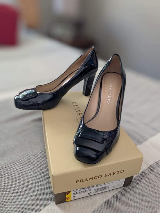 Franco Sarto Shoes - Franco Sarto Glossy Blue Patent Block Heel Pumps